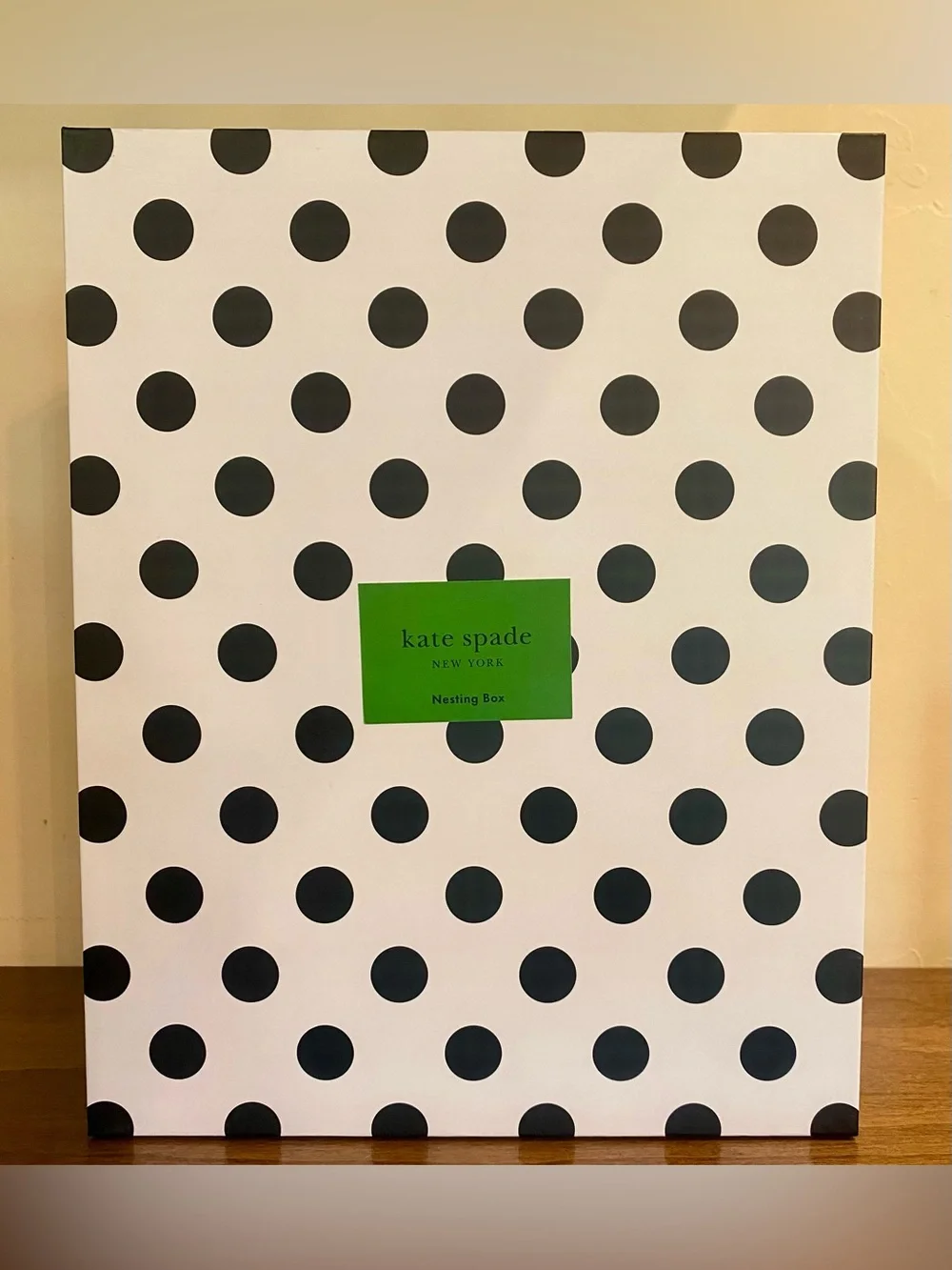 Kate Spade Black & White Polka Dot Nesting Storage Box, Gold Trim, Floral Inside